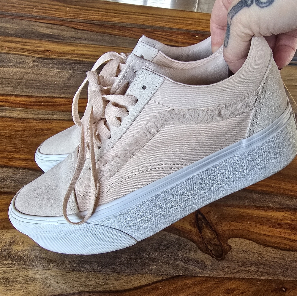 Women's Pastel Light Pink Nude Platform Laced Vans Stacked